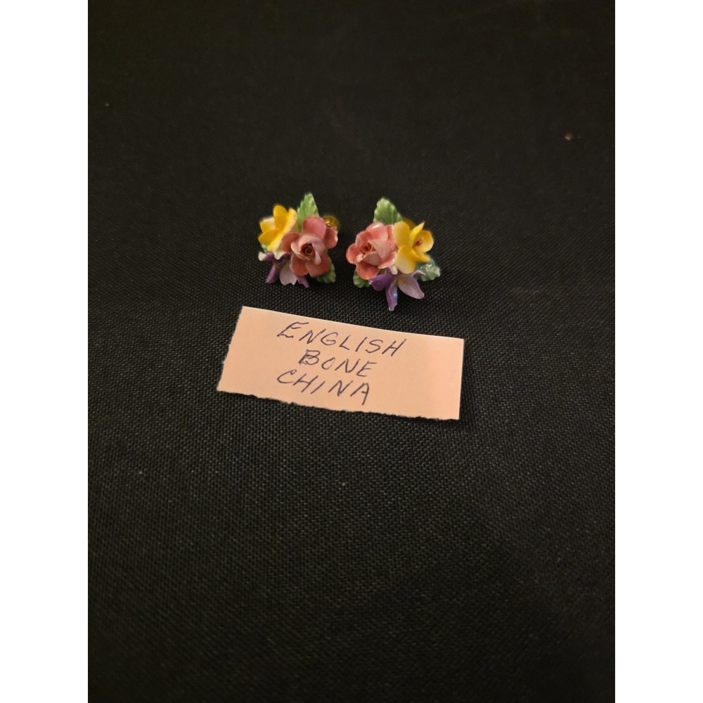 Vtg DENTON Bone China Pink Yellow FLOWER Screw Earrings England